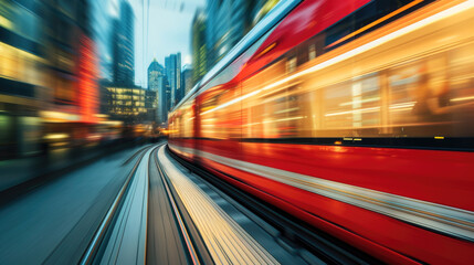 Fototapeta na wymiar Urban Velocity: High-Speed Train Moving Through City at Dusk with Light Trails