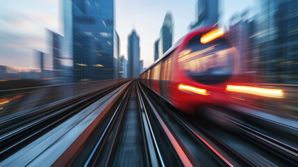 Fototapeta na wymiar Urban Velocity: High-Speed Train Moving Through City at Dusk with Light Trails