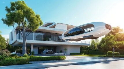 Next-Gen Commute: Futuristic Personal Aircraft Hovering Above Modern Home - obrazy, fototapety, plakaty