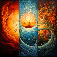 Abstract representation of the elements (earth, water, fire, air).