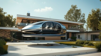 Next-Gen Commute: Futuristic Personal Aircraft Hovering Above Modern Home