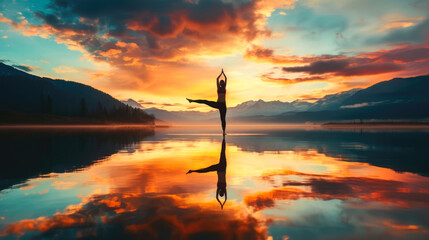 Fototapeta na wymiar Tranquil Yoga Pose at Sunset by the Lake