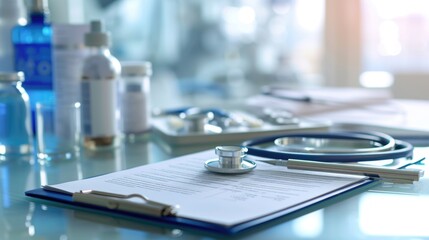 Close-up of Medical Stethoscope and Patient Records on Desk