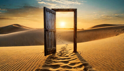 Closeup of an old open wooden door in a desert landscape with sand dunes at sunset or sunrise. Many human footprints cross the door and are lost on the horizon. Generative Ai.