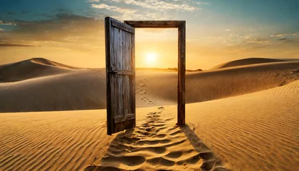 Fototapeten Closeup of an old open wooden door in a desert landscape with sand dunes at sunset or sunrise. Many human footprints cross the door and are lost on the horizon. Generative Ai. © Alberto Masnovo