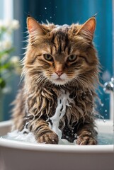 The cat was bathed at home.