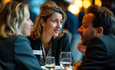 Group of businesspeople networking at a conference, interacting and making contacts at business event session. Businesswoman at a meeting.