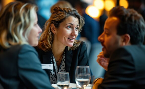 Group of businesspeople networking at a conference, interacting and making contacts at business event session. Businesswoman at a meeting.