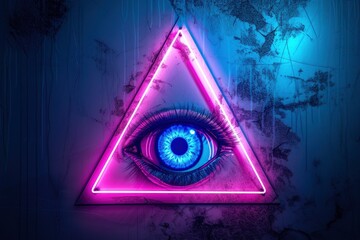 All seeing eye, illuminats, masons, symbol on neon background