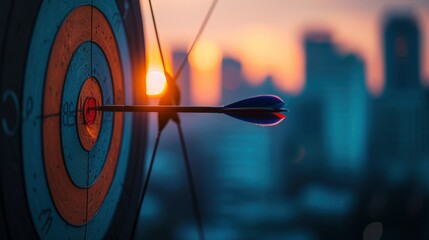 Arrow hits the middle of target, dramatic light, city skyline background, professional close up photo