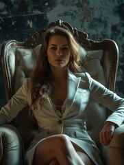 Beautiful sensual businesswoman sitting on the throne, dramatic light, studio photo, professional shooting