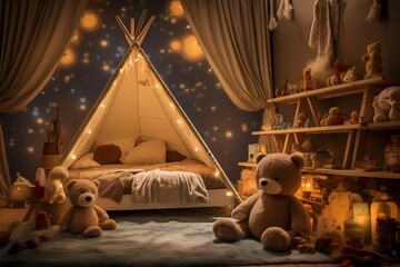 Obraz na płótnie Canvas Magical children's bedroom at night filled with toys, a lovable teddy bear, and a delightful tent creating a dreamy and comforting space