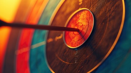 Bow arrow hits straight in the center of target, dramatic light, 3d style on vivid background