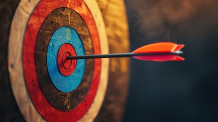 Bow arrow hits straight in the center of target, dramatic light, dark smoked background