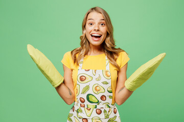 Young smiling happy confident housewife housekeeper chef cook baker woman wear apron yellow t-shirt...