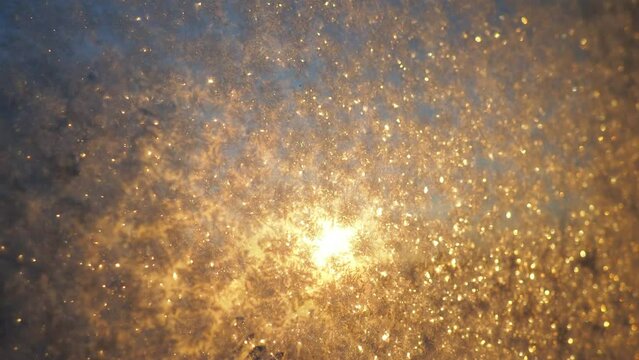 The frosty pattern on window glass occurs due to the condensation of water vapor on glass cooled below 0 degrees. Frost flowers, curls and crystals. Morning yellow-orange low winter sun on the horizon