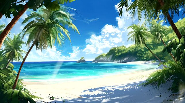 A tropical paradise with palm trees, white sand, and turquoise waters. Fantasy landscape anime or cartoon style, seamless looping 4k time-lapse virtual video animation background