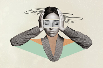 Creative artwork strange collage of woman touch head suffer terrible tension ache
