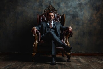 Businessman sitting on the throne, dramatic light, studio photo, professional shooting
