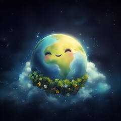 Cute Smiling Planet Earth Illustration, Earth Day Illustration, Funny Cute Earth Birthday Illustration