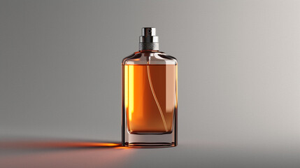 a blank brown bottle of perfume with a spray nozzle on a gray background 
