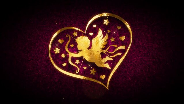 Decorative Flying Valentines Love Angel Cupid Heart Shape Gold Texture Glitter Dust Reveal On Red Shiny Micro Turbulence Waves Grainy Pattern Texture Effect Background