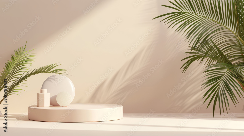 Poster 3d background products display podium scene with palm leaf geometric platform. stage showcase on ped