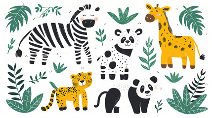 Obraz premium A collection of jungle animals. Zebra with leopard and panda cartoon characters. Hand drawn icon set. Surface design illustration