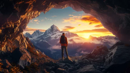 Fototapeten Adventurous Man Hiker standing in a cave with rocky mountains in background. Sunset Cloudy Sky © standret