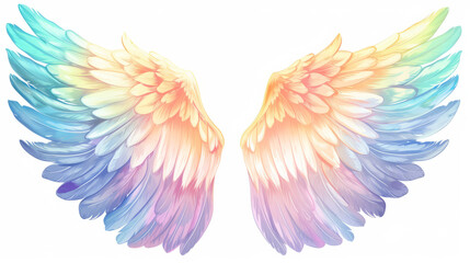 Fototapeta na wymiar Angel's Wings Pastel Rainbow Illustration Clipart. Feather design element isolated on white background