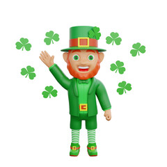 3D illustration of St. Patrick's Day character leprechaun waving while surrounded by clover leaves