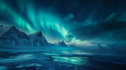 Naklejka premium Aurora borealis over ocean. Starry sky with polar lights and clouds. Night winter landscape with aurora, sea with blurred water, snowy mountains