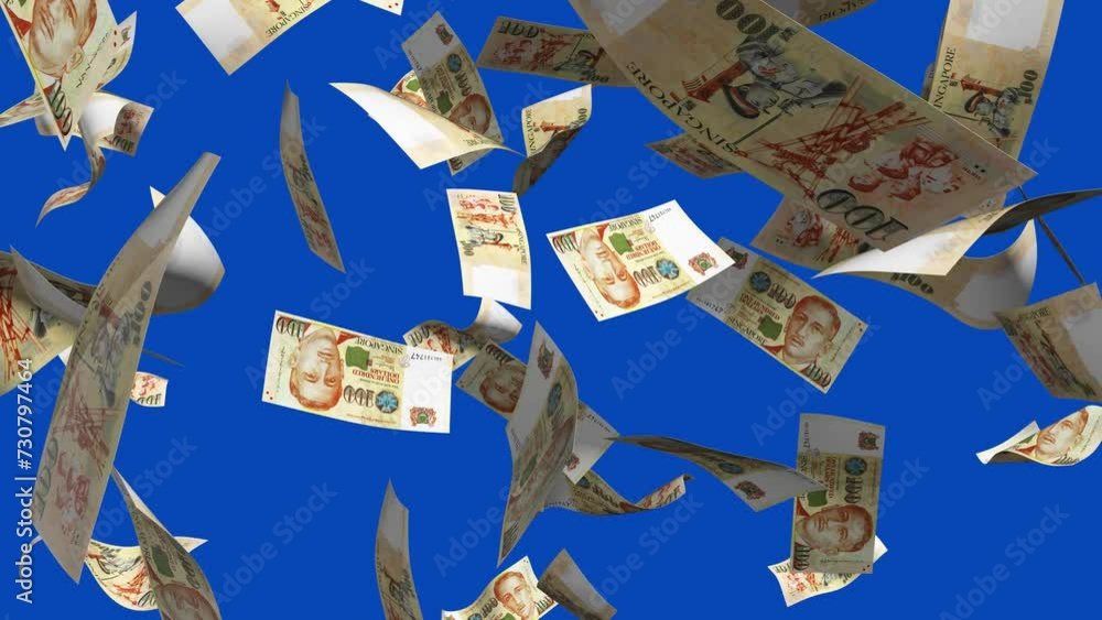 Poster 3D animation of Singapore Dollar notes Falling On blue screen. Remove the background by keying or subtracting with the black and white matte to replace with a custom one