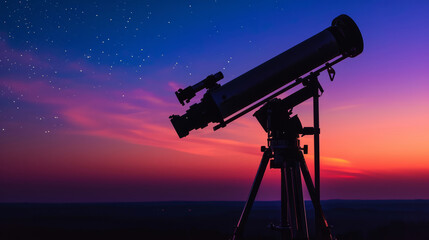 Big astronomical telescope under a twilight sky ready for stargazing