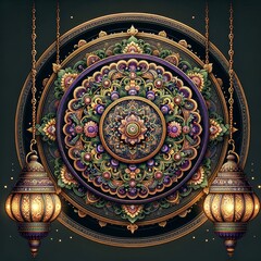 Fototapeta premium circular decorative frame with intricate patterns with ornate lanterns hanging on chains