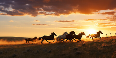 A dusk scene capturing wild horses in pursuit of a woman across the prairie. - obrazy, fototapety, plakaty