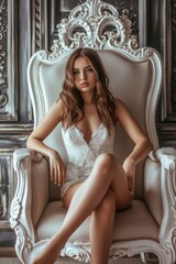 Pretty girl in short dress sitting on the throne in a style-appropriate interior, studio photo, professional shooting