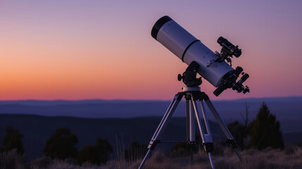 Big astronomical telescope under a twilight sky ready for stargazing
