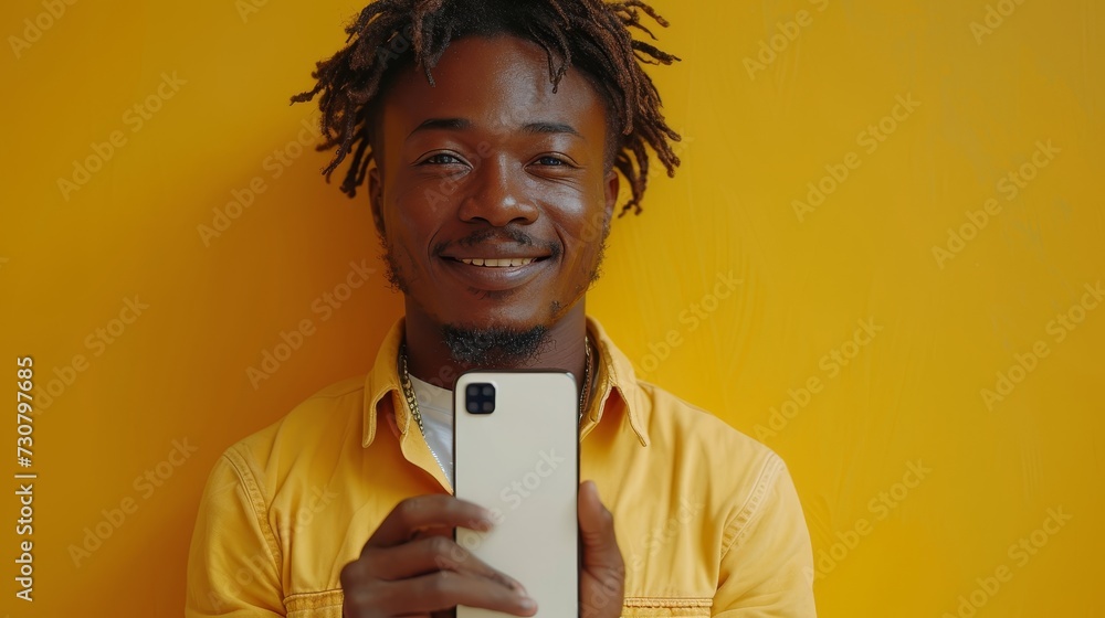 Poster a sample cell phone display mockup showing an excited black man displaying an empty smartphone scree