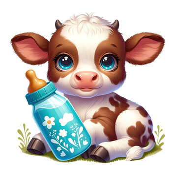 Cute baby cow with baby bottle illustration