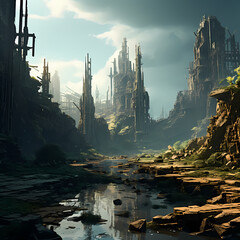 Ancient ruins in a post-apocalyptic world.  - obrazy, fototapety, plakaty