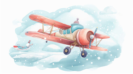 Cute animal flying on airplane watercolor clipart illustration with isolated background