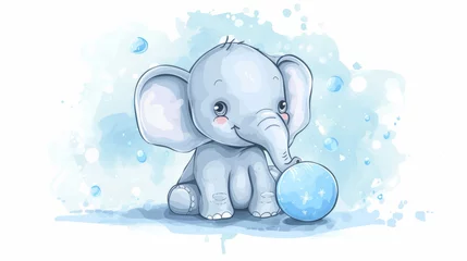 Fotobehang Olifant Cute elephant with a ball hand drawn illustration. It can be used to print a T-shirt, children wear a design of clothes, an invitation card for a shower
