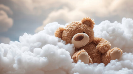 Cute baby teddy bear sleeping on the cloud