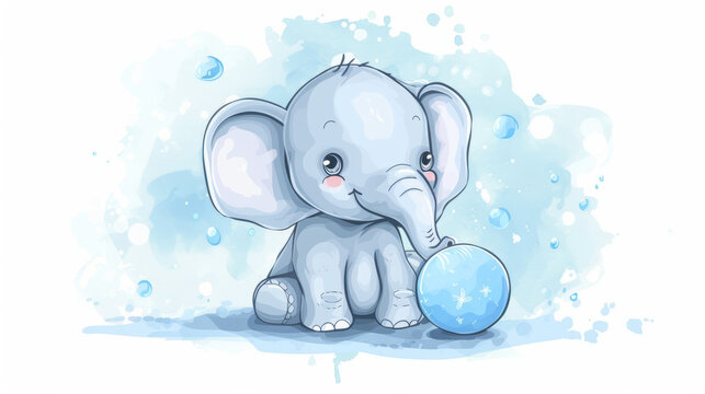Cute elephant with a ball hand drawn illustration. It can be used to print a T-shirt, children wear a design of clothes, an invitation card for a shower