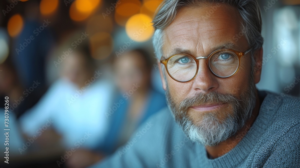 Poster Digital ideas at the meeting. A portrait of a man using a digital tablet at a table in an office with colleagues working in the background.