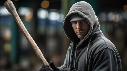 A focused man in a grey hoodie and cap holding a baseball bat over his shoulder in a defensive stance, standing in a gritty urban environment. - Powered by Adobe
