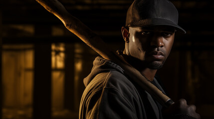 A man with a stern look, gripping a baseball bat, ready to swing, with a backdrop of dimly lit urban decay.