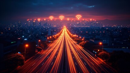 An urban cityscape concept with wireless network connection and cityscape. Wireless network and connection technology concept with city backdrop at night.
