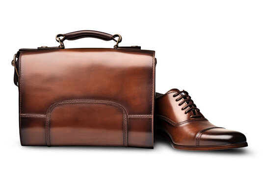 A brown leather briefcase and a pair of shoes, specifically designed for business professionals, are isolated on a white background.